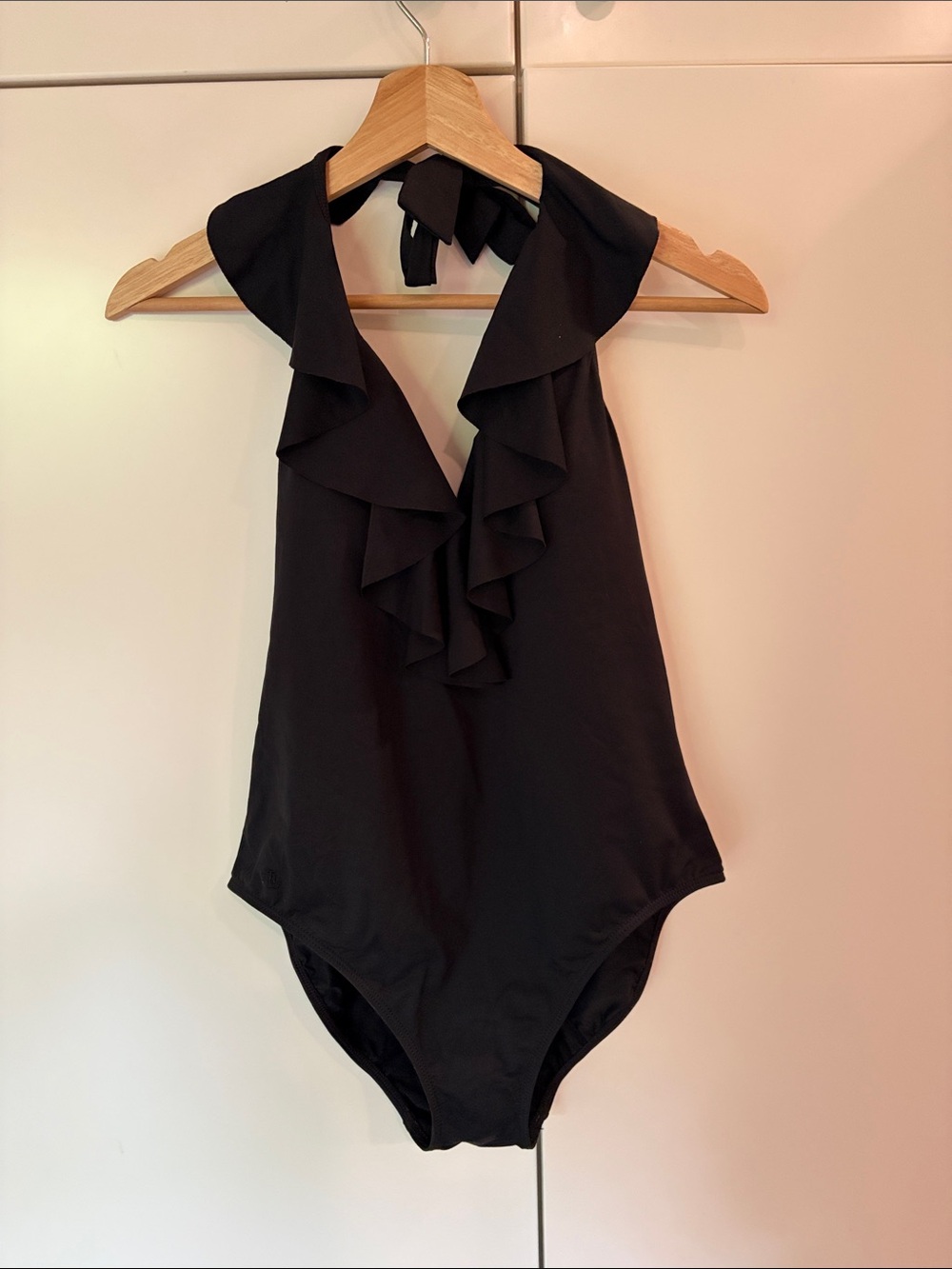 Ralph Lauren Black Ruffle Halter One-Piece Swimsuit